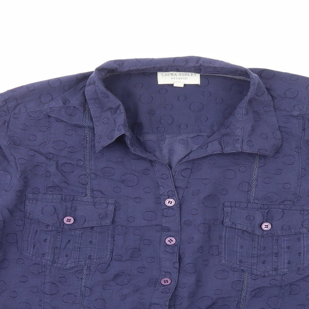Laura Ashley Womens Blue Geometric Cotton Basic Button-Up Size 14 Collared