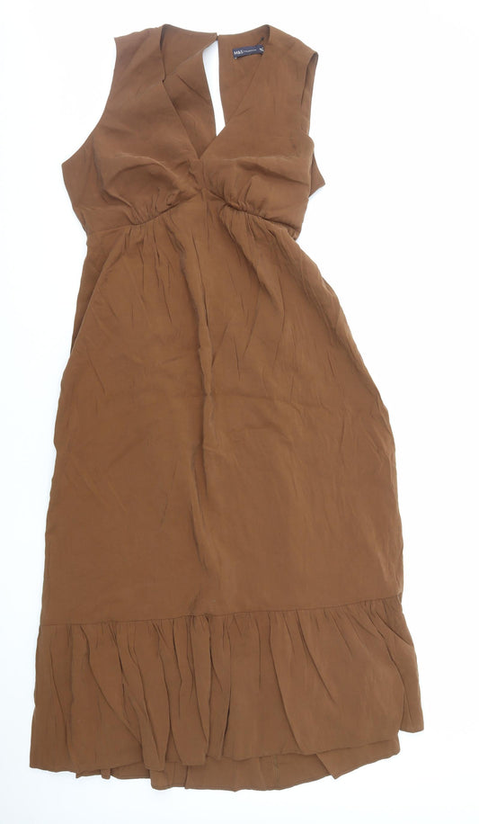 Marks and Spencer Womens Brown Viscose A-Line Size 14 V-Neck Pullover