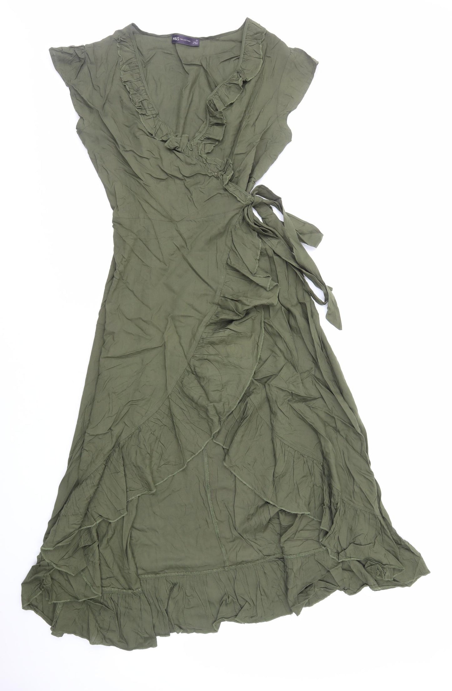 Marks and Spencer Womens Green Viscose Wrap Dress Size 12 V-Neck Tie