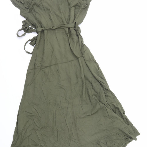 Marks and Spencer Womens Green Viscose Wrap Dress Size 12 V-Neck Tie