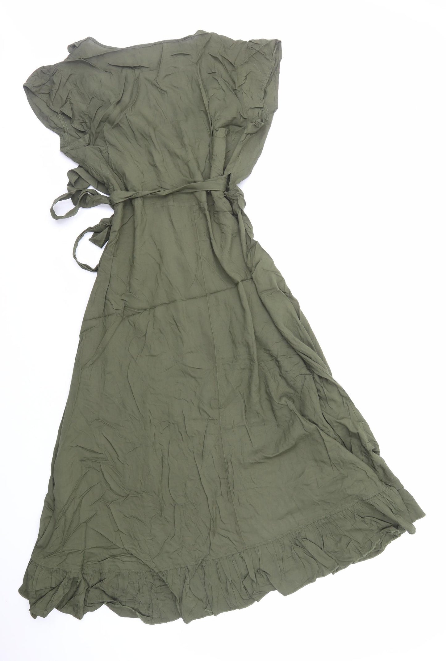 Marks and Spencer Womens Green Viscose Wrap Dress Size 12 V-Neck Tie