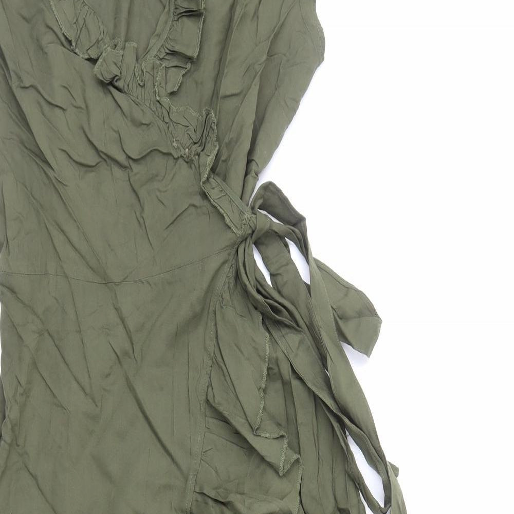 Marks and Spencer Womens Green Viscose Wrap Dress Size 12 V-Neck Tie