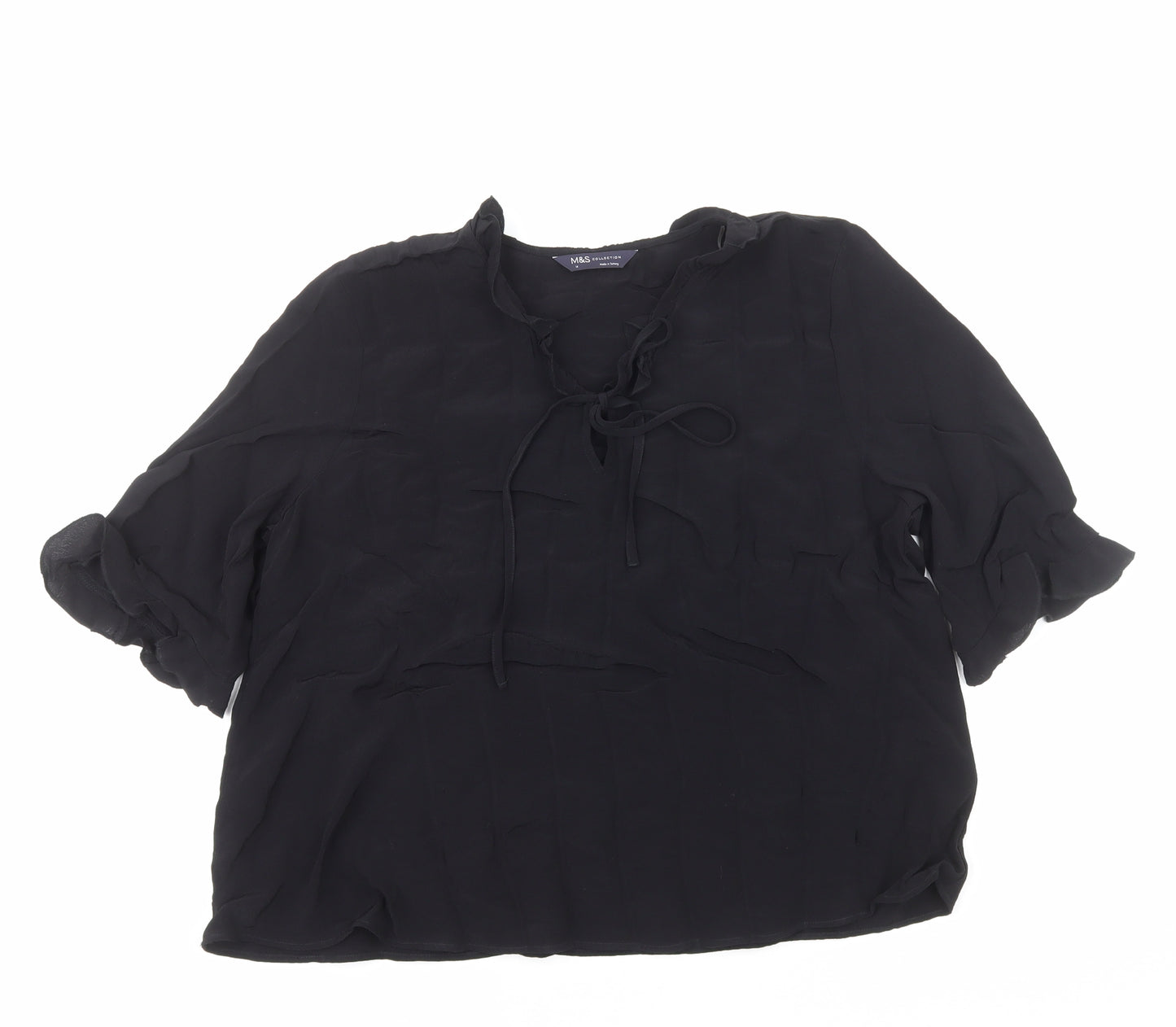 Marks and Spencer Womens Black Viscose Basic Blouse Size 14 V-Neck - Tie Neck Detail