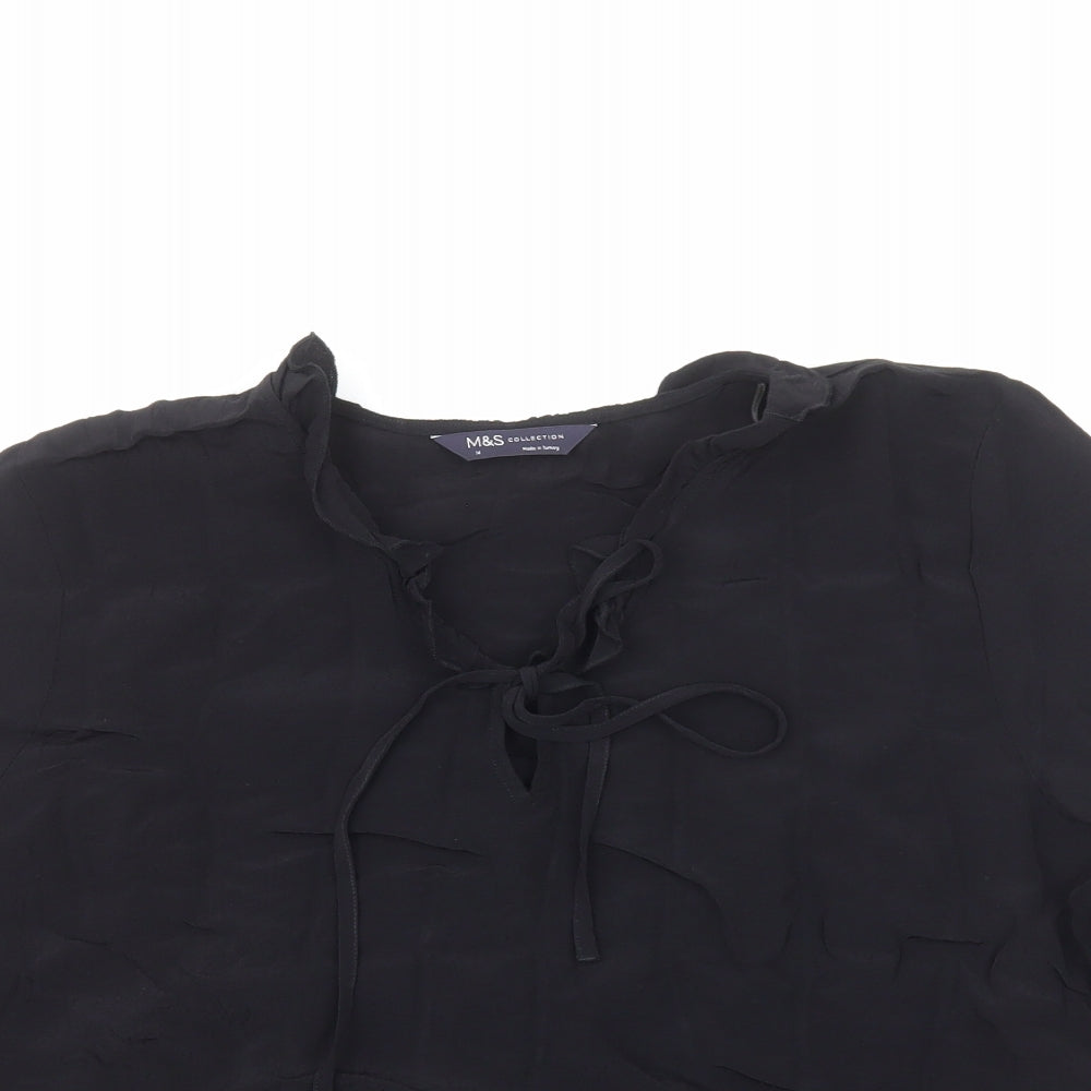 Marks and Spencer Womens Black Viscose Basic Blouse Size 14 V-Neck - Tie Neck Detail