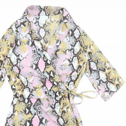 Blue Vanilla Womens Pink Animal Print Viscose Wrap Dress Size 8 Collared Tie - Snake Print