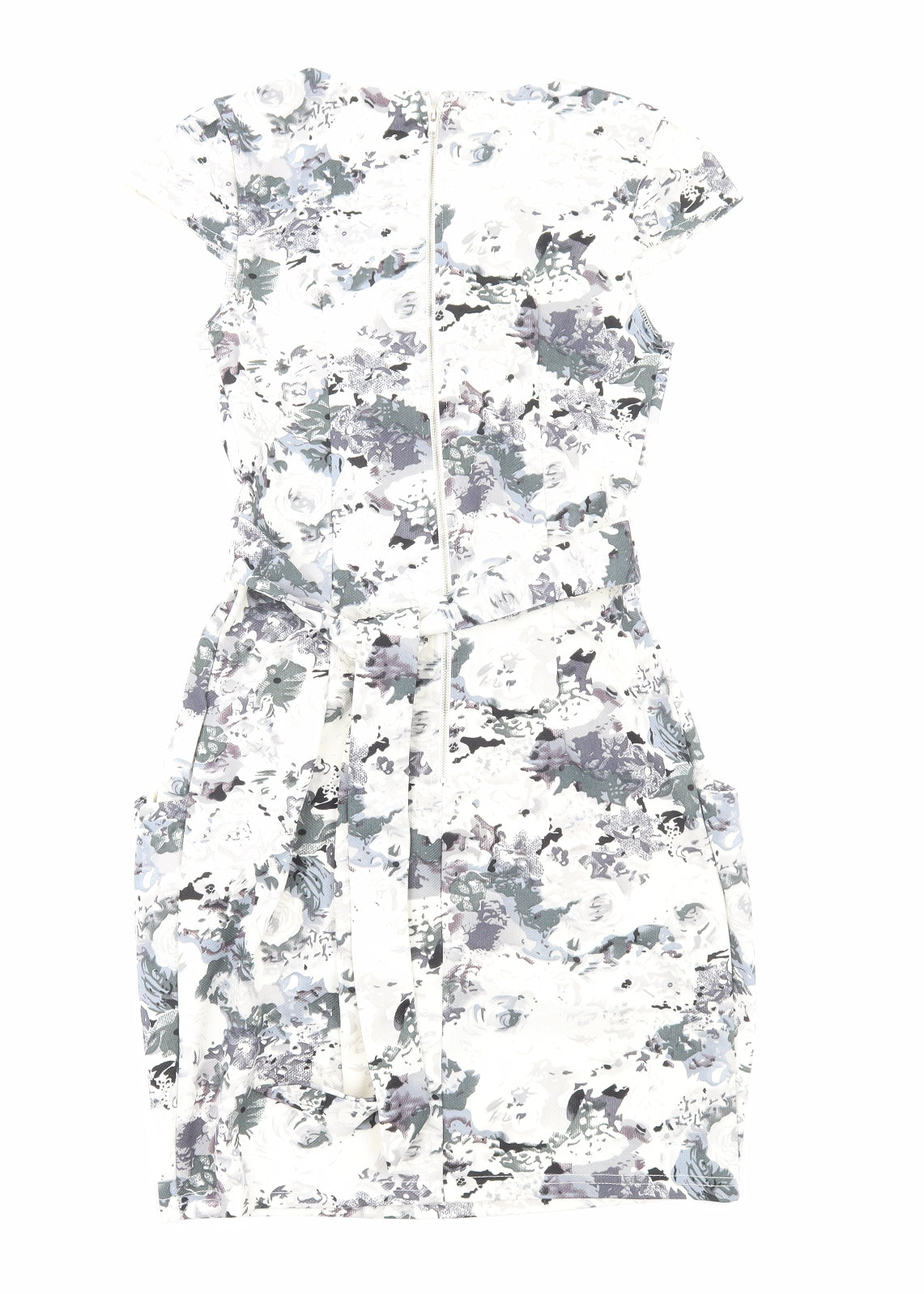 Voulez-Vous Womens White Floral Viscose Bodycon Size 8 Round Neck Zip