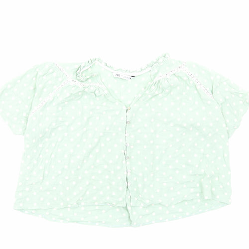 Zara Womens Green Polka Dot Viscose Cropped Button-Up Size S V-Neck
