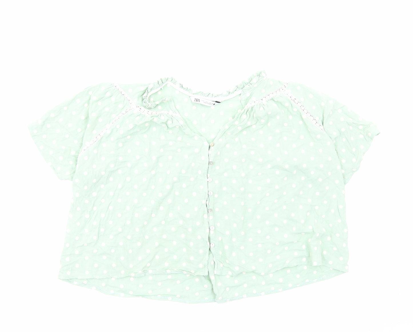 Zara Womens Green Polka Dot Viscose Cropped Button-Up Size S V-Neck