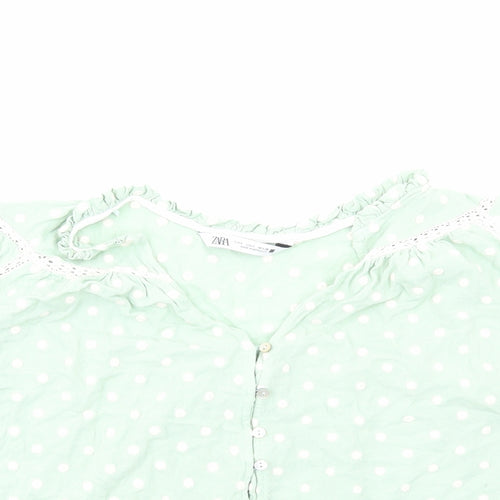 Zara Womens Green Polka Dot Viscose Cropped Button-Up Size S V-Neck