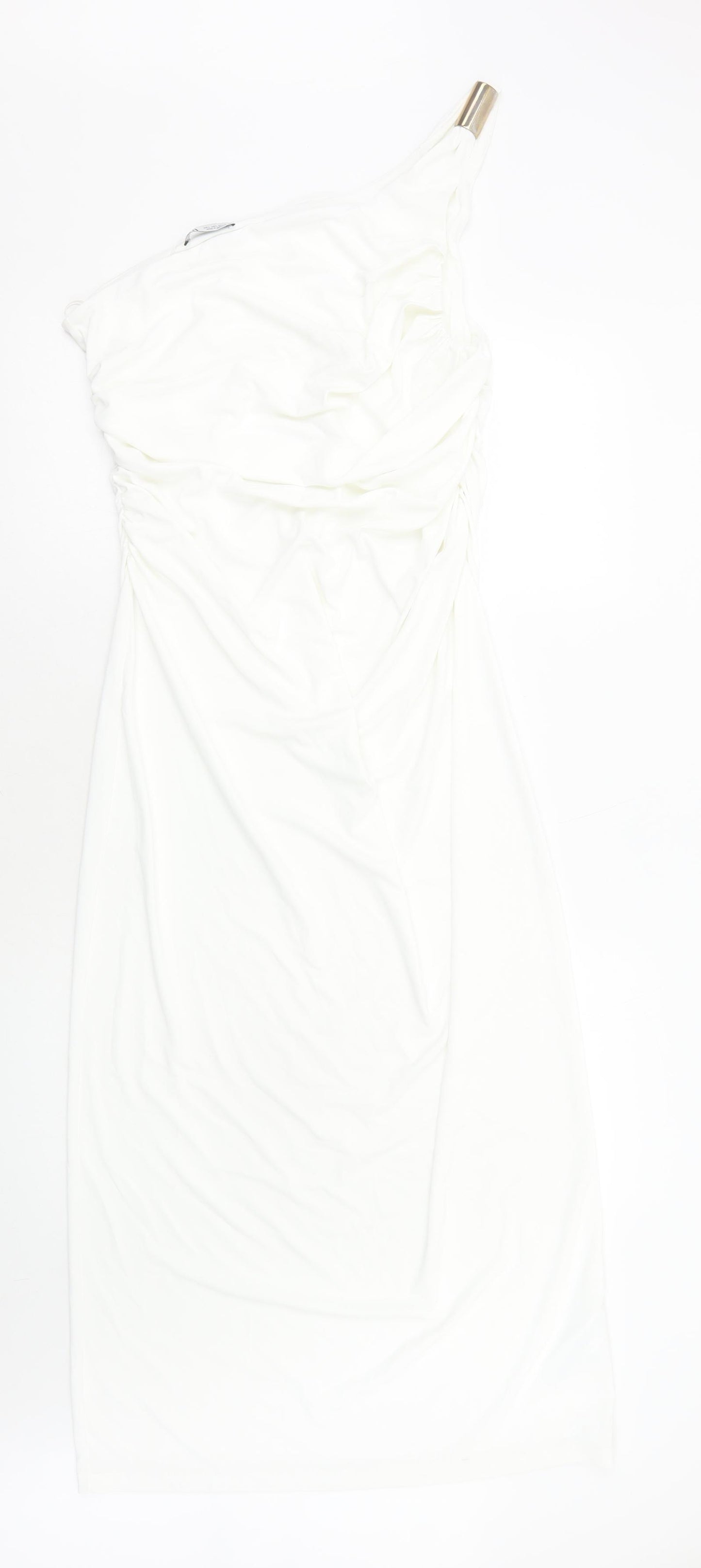 Zara Womens White Viscose Pencil Dress Size L One Shoulder Pullover