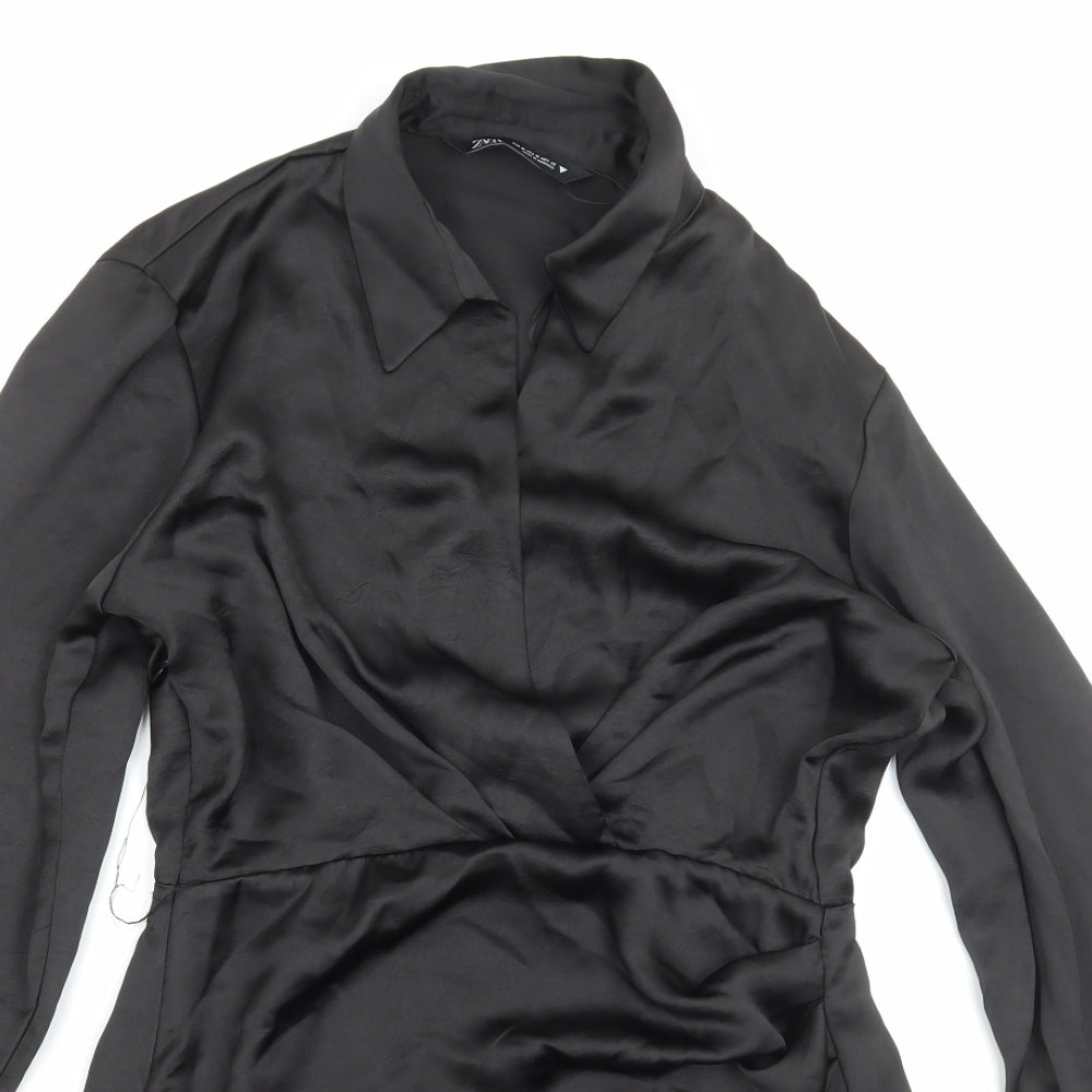 Zara Womens Black Polyester A-Line Size M Collared Zip