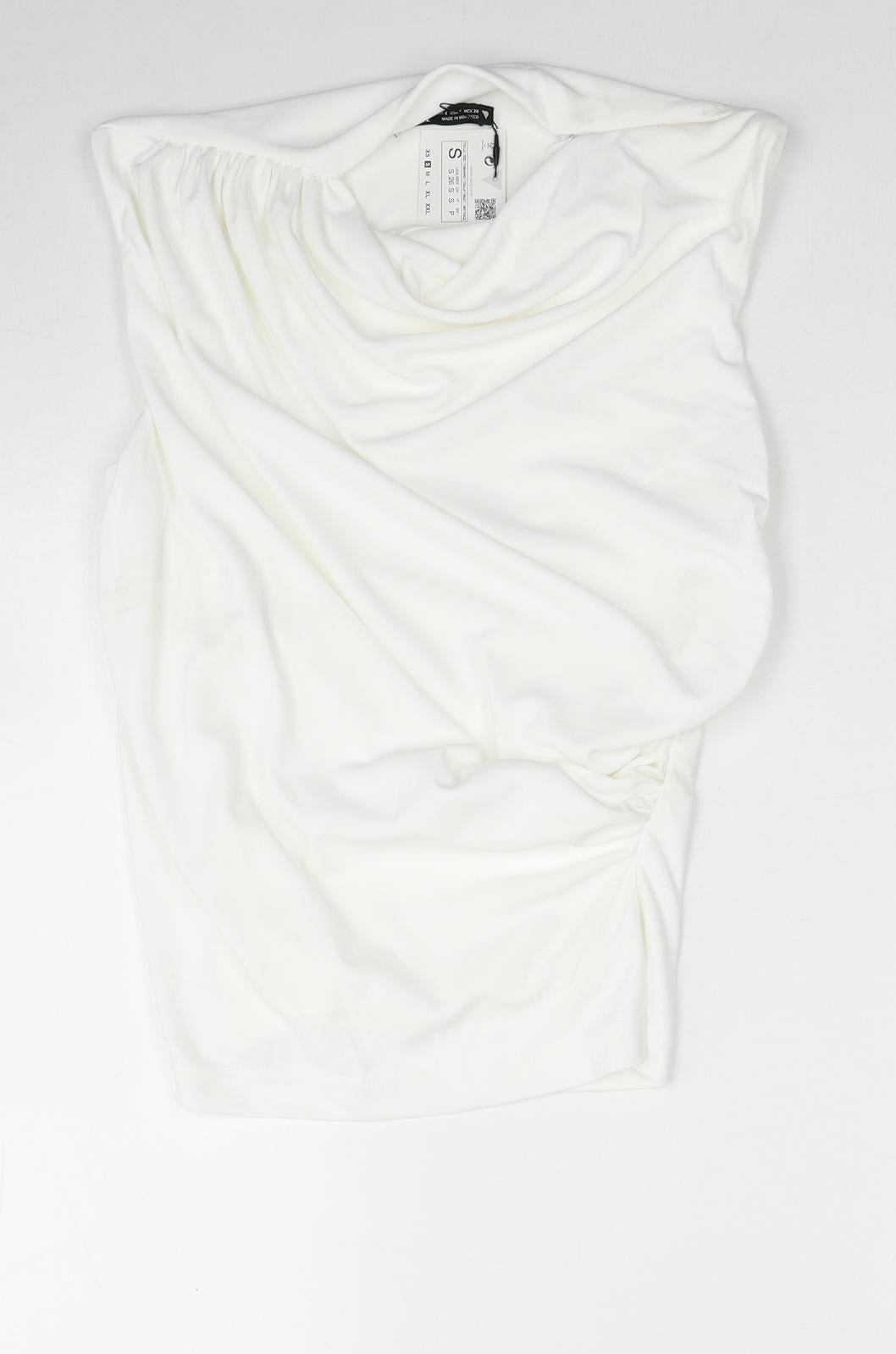 Zara Womens White Polyester Basic Blouse Size S Round Neck - Ruched