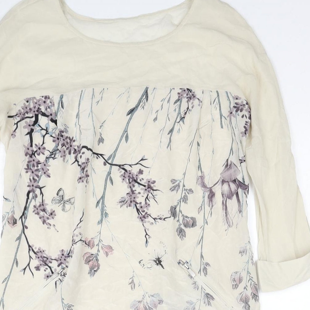 Mint Velvet Womens Beige Floral Silk A-Line Size 12 Round Neck Pullover