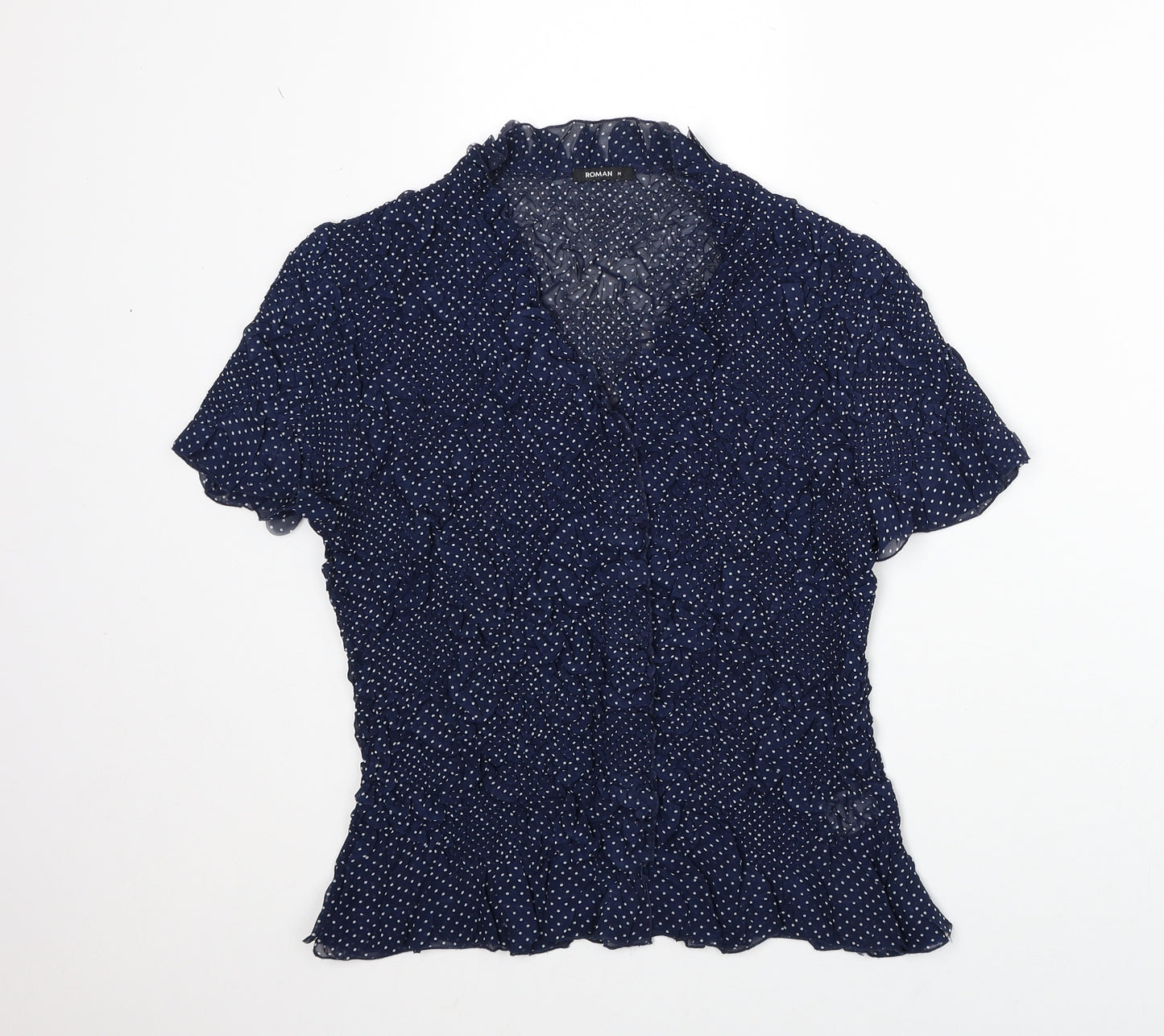 Roman Womens Blue Polka Dot Polyester Basic Blouse Size M V-Neck