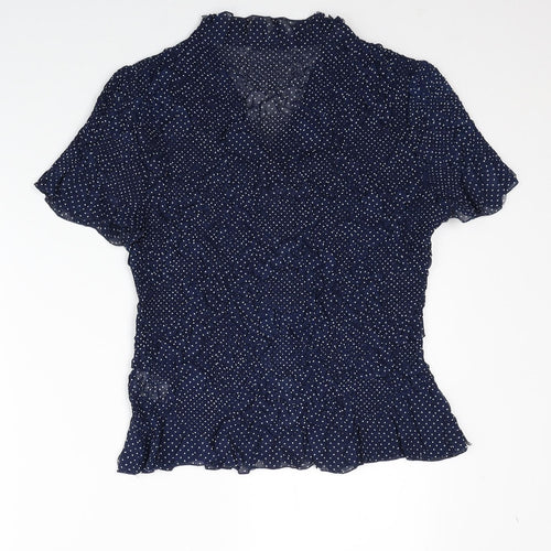 Roman Womens Blue Polka Dot Polyester Basic Blouse Size M V-Neck