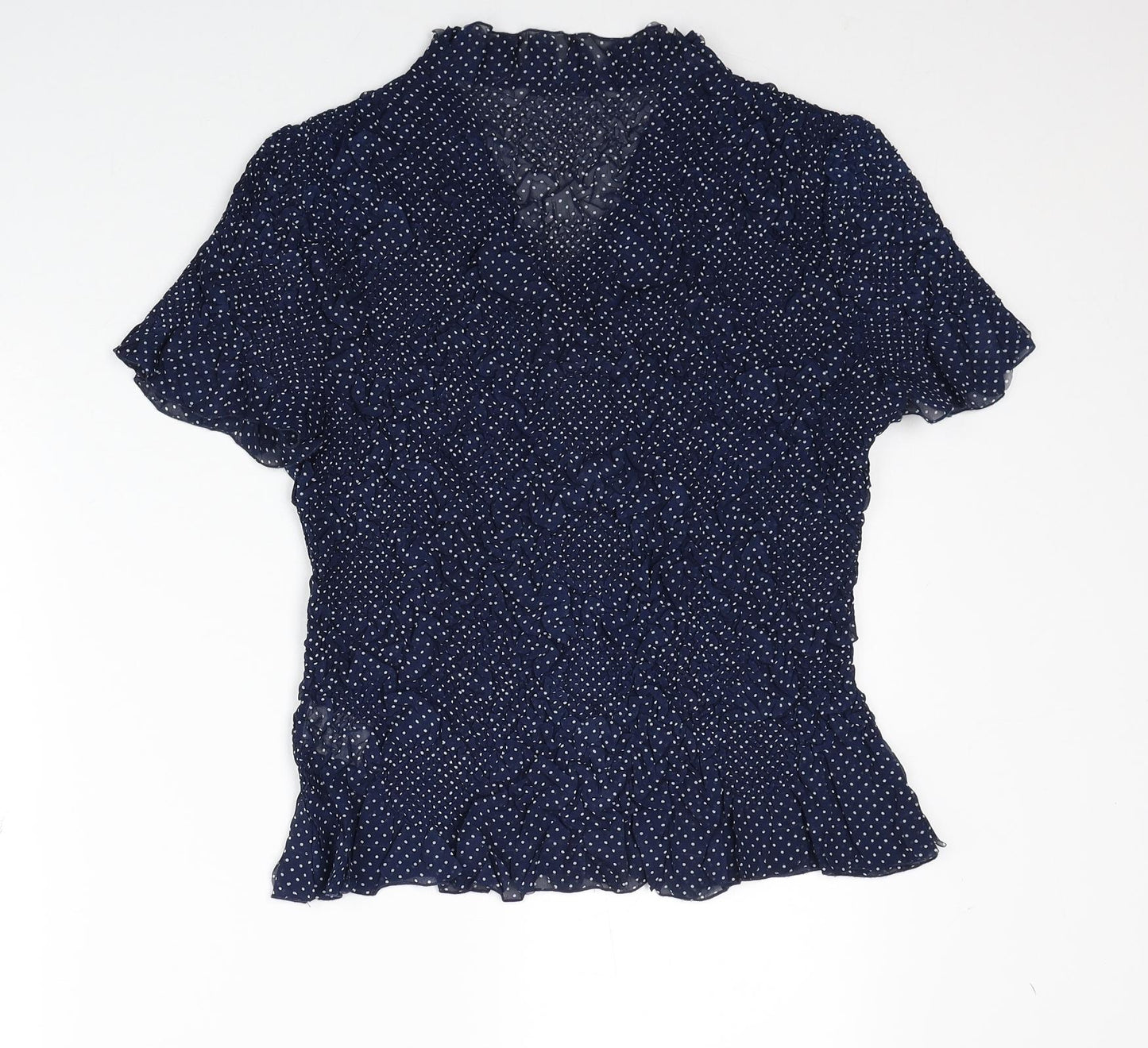 Roman Womens Blue Polka Dot Polyester Basic Blouse Size M V-Neck