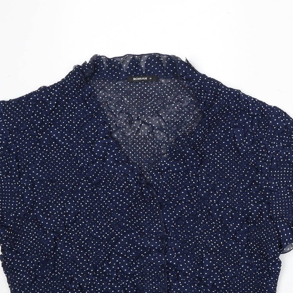 Roman Womens Blue Polka Dot Polyester Basic Blouse Size M V-Neck