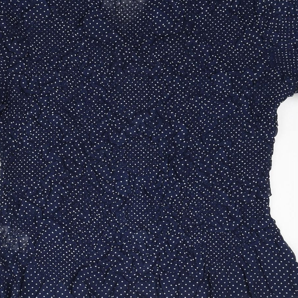 Roman Womens Blue Polka Dot Polyester Basic Blouse Size M V-Neck