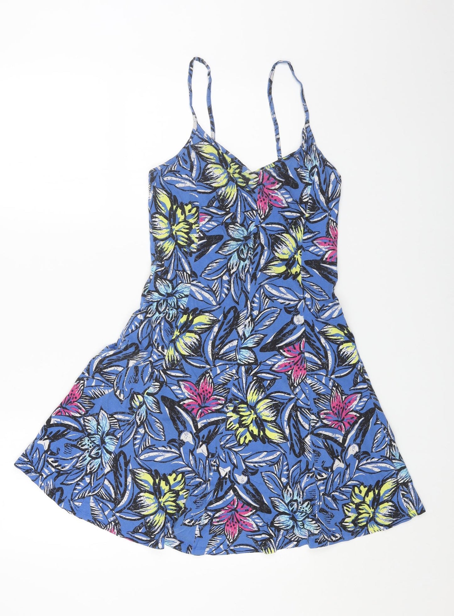 New Look Womens Blue Floral Cotton Tank Dress Size 10 V-Neck Pullover