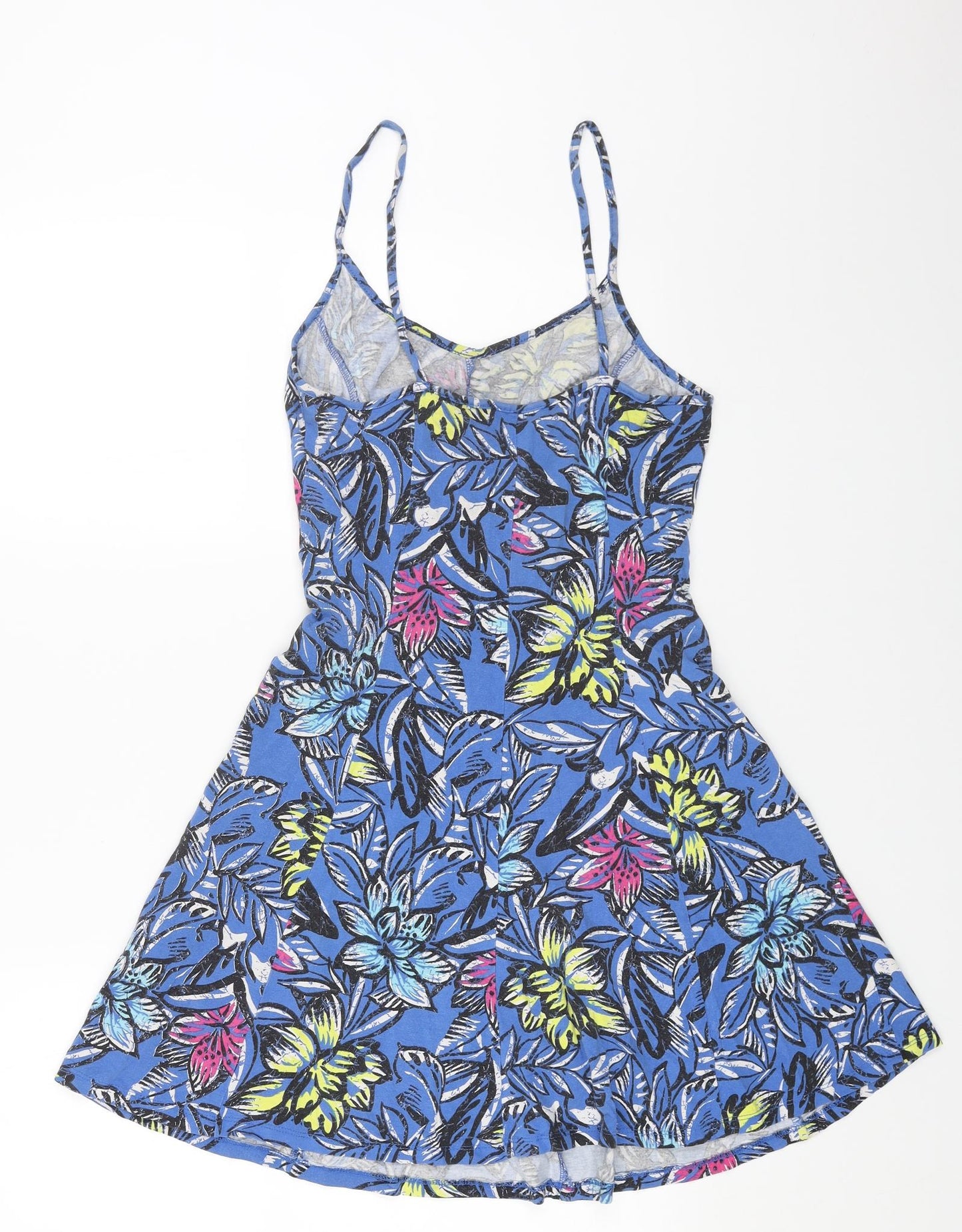 New Look Womens Blue Floral Cotton Tank Dress Size 10 V-Neck Pullover