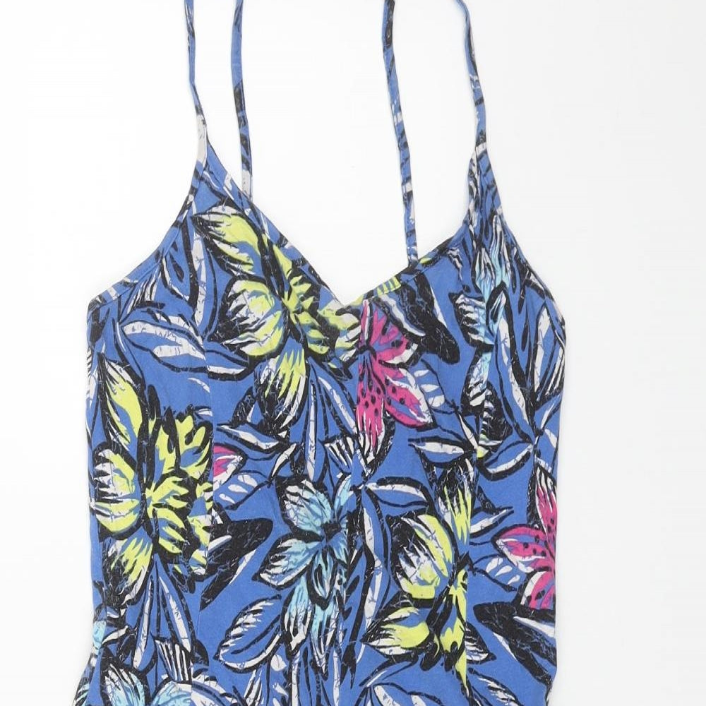 New Look Womens Blue Floral Cotton Tank Dress Size 10 V-Neck Pullover
