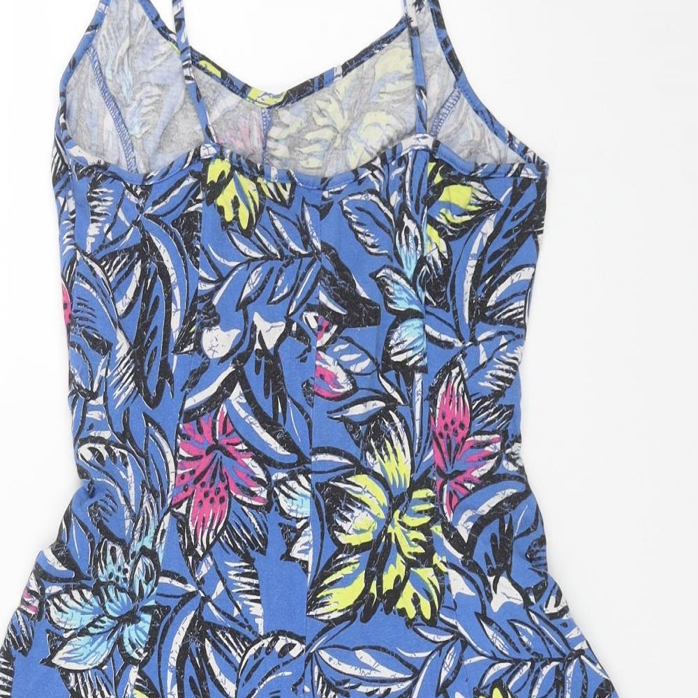 New Look Womens Blue Floral Cotton Tank Dress Size 10 V-Neck Pullover