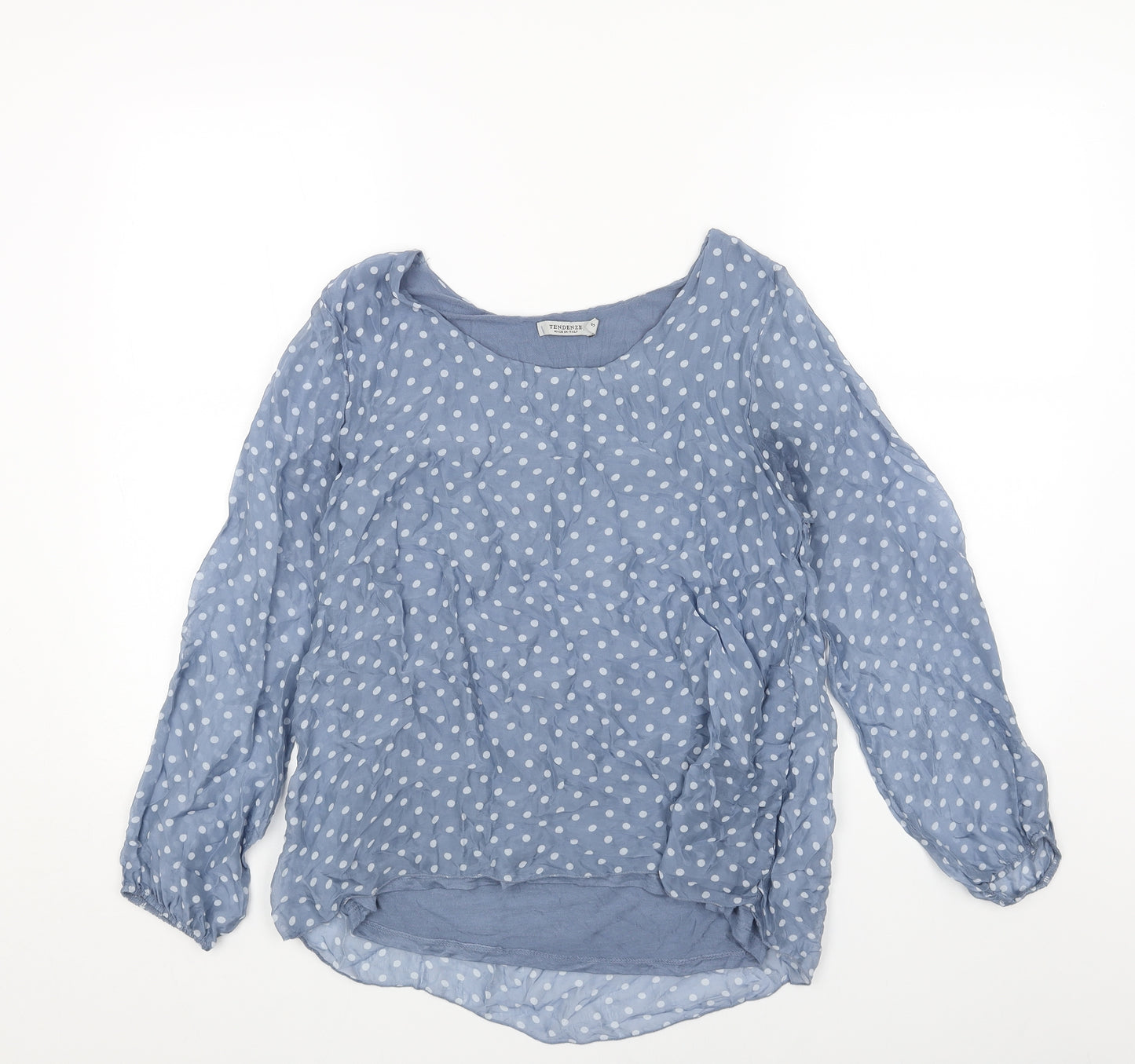 TENDENZ Womens Blue Polka Dot Polyester Basic Blouse Size S Boat Neck