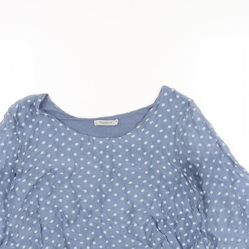 TENDENZ Womens Blue Polka Dot Polyester Basic Blouse Size S Boat Neck