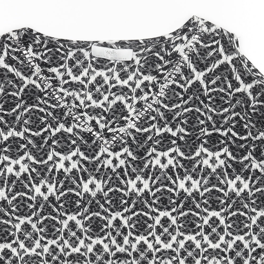 Wallis Womens Grey Geometric Polyester Basic T-Shirt Size S V-Neck - Cold Shoulder