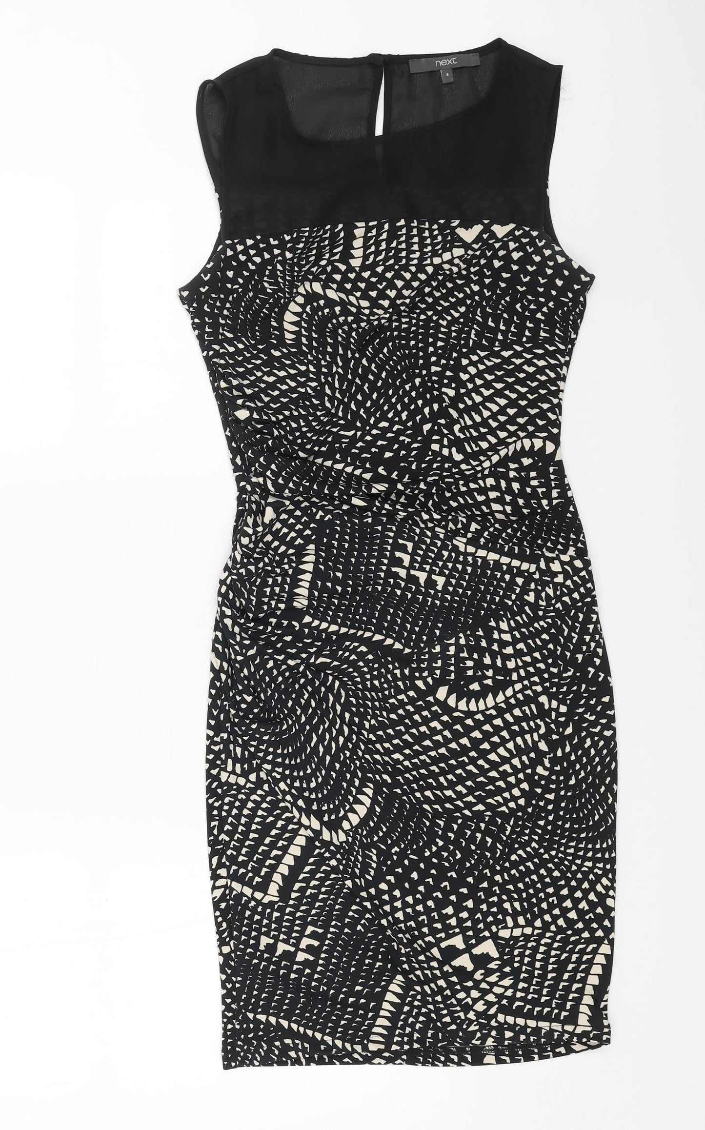 NEXT Womens Black Geometric Polyester Pencil Dress Size 6 Square Neck Button - Chiffon Detail