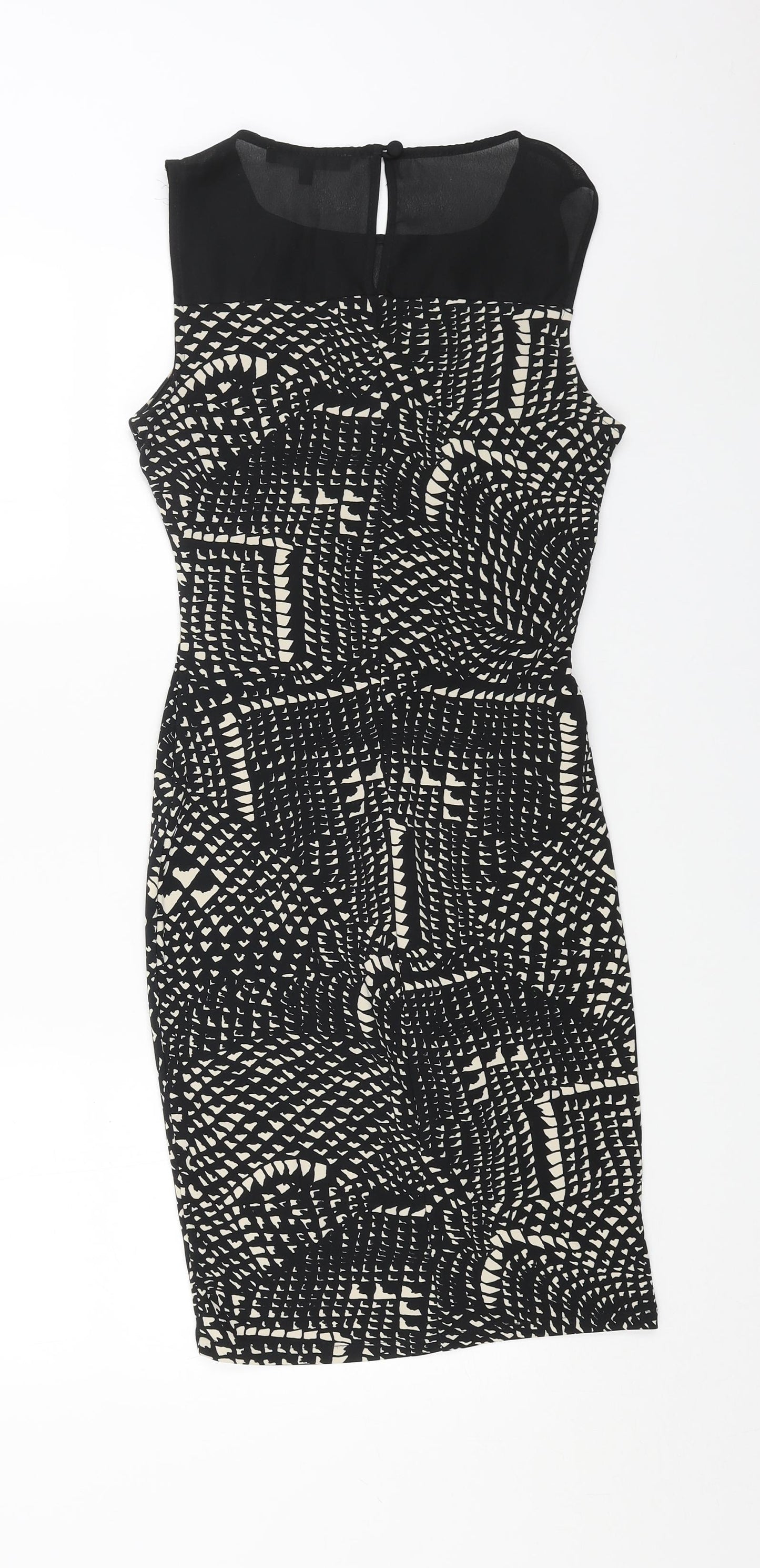 NEXT Womens Black Geometric Polyester Pencil Dress Size 6 Square Neck Button - Chiffon Detail