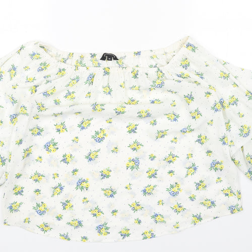 Peacocks Womens White Geometric Polyester Basic T-Shirt Size 10 Round Neck