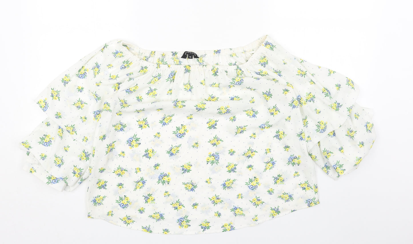 Peacocks Womens White Geometric Polyester Basic T-Shirt Size 10 Round Neck
