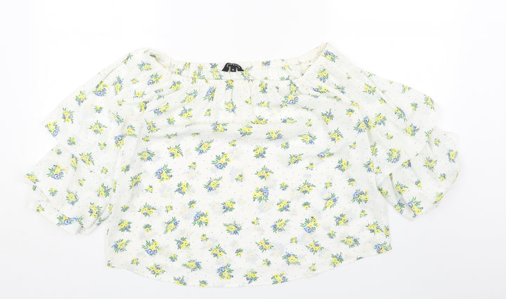 Peacocks Womens White Geometric Polyester Basic T-Shirt Size 10 Round Neck
