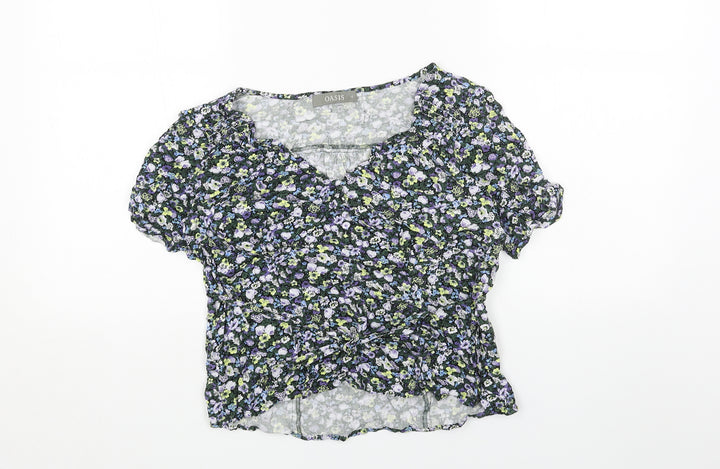 Oasis Womens Green Floral Viscose Basic T-Shirt Size 12 V-Neck