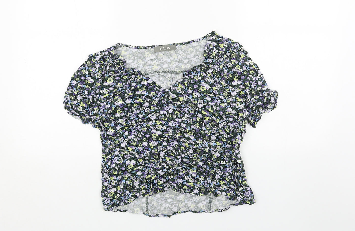 Oasis Womens Green Floral Viscose Basic T-Shirt Size 12 V-Neck