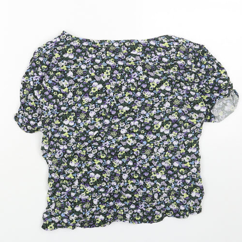 Oasis Womens Green Floral Viscose Basic T-Shirt Size 12 V-Neck