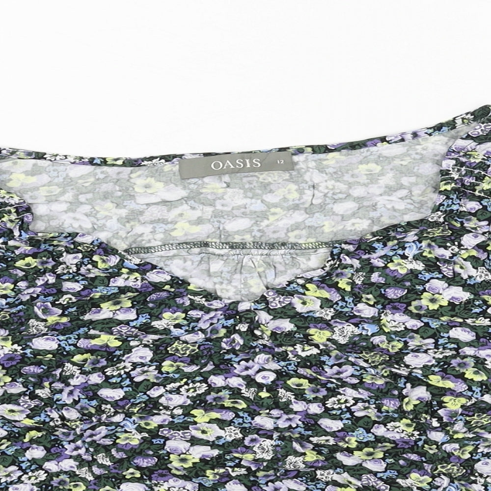 Oasis Womens Green Floral Viscose Basic T-Shirt Size 12 V-Neck