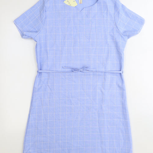 Huimei Womens Blue Plaid Polyester A-Line Size 12 Round Neck Pullover