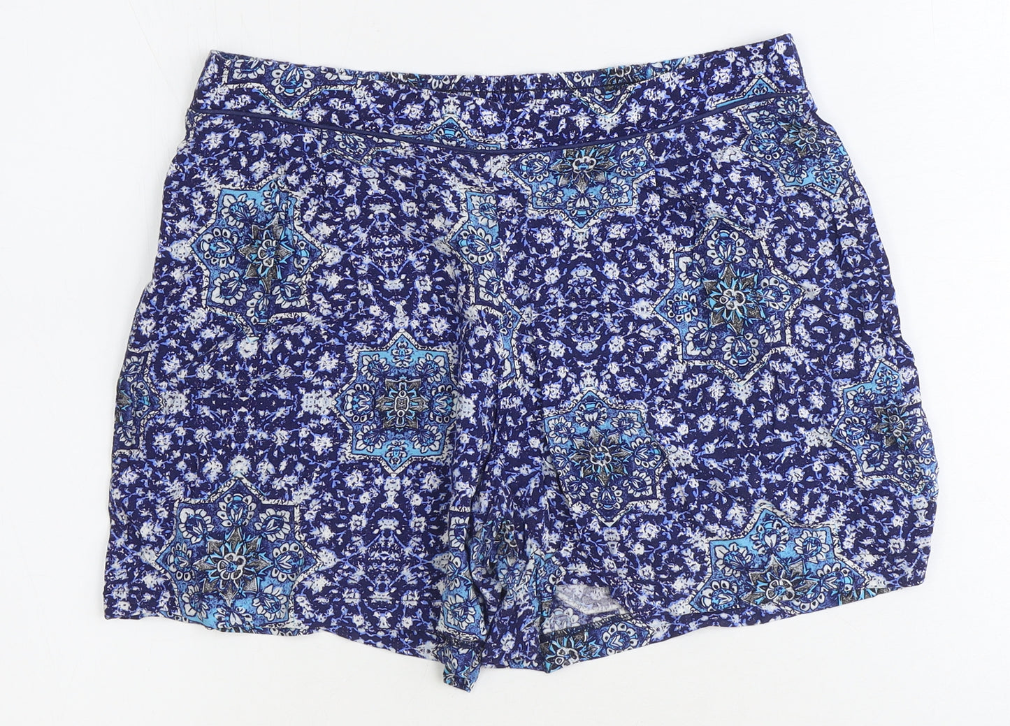 New Look Womens Blue Geometric Viscose Bermuda Shorts Size 10 Regular Pull On