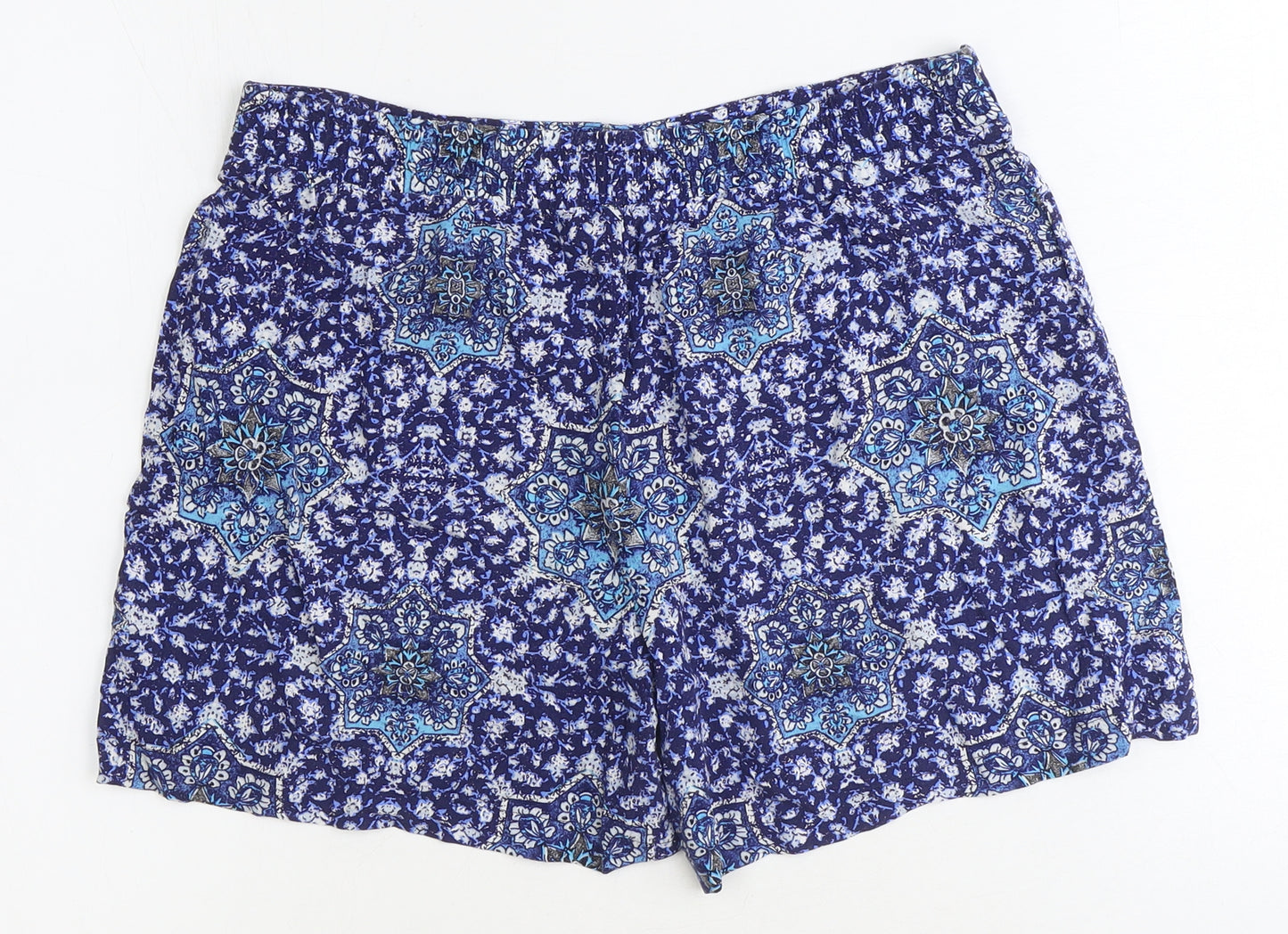 New Look Womens Blue Geometric Viscose Bermuda Shorts Size 10 Regular Pull On