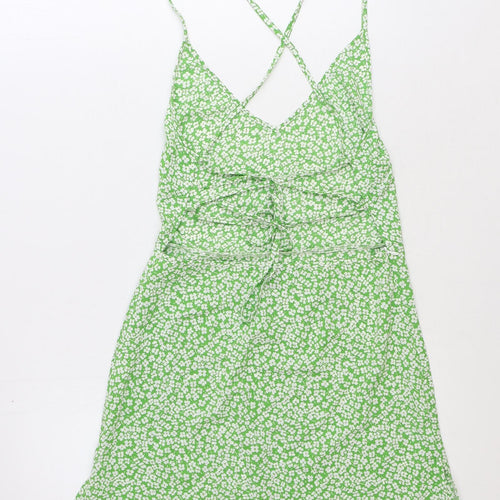 Shein Womens Green Floral Polyester Slip Dress Size S V-Neck Zip