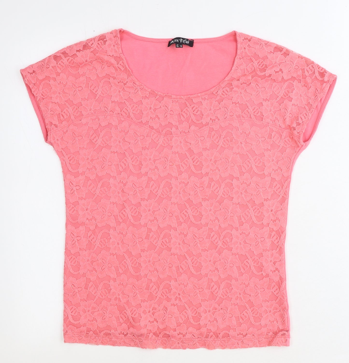 Marble Womens Pink Polyester Basic T-Shirt Size 8 Round Neck