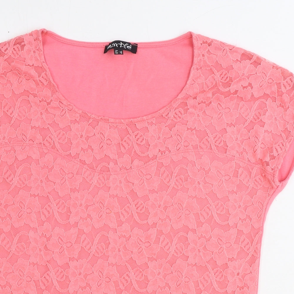 Marble Womens Pink Polyester Basic T-Shirt Size 8 Round Neck