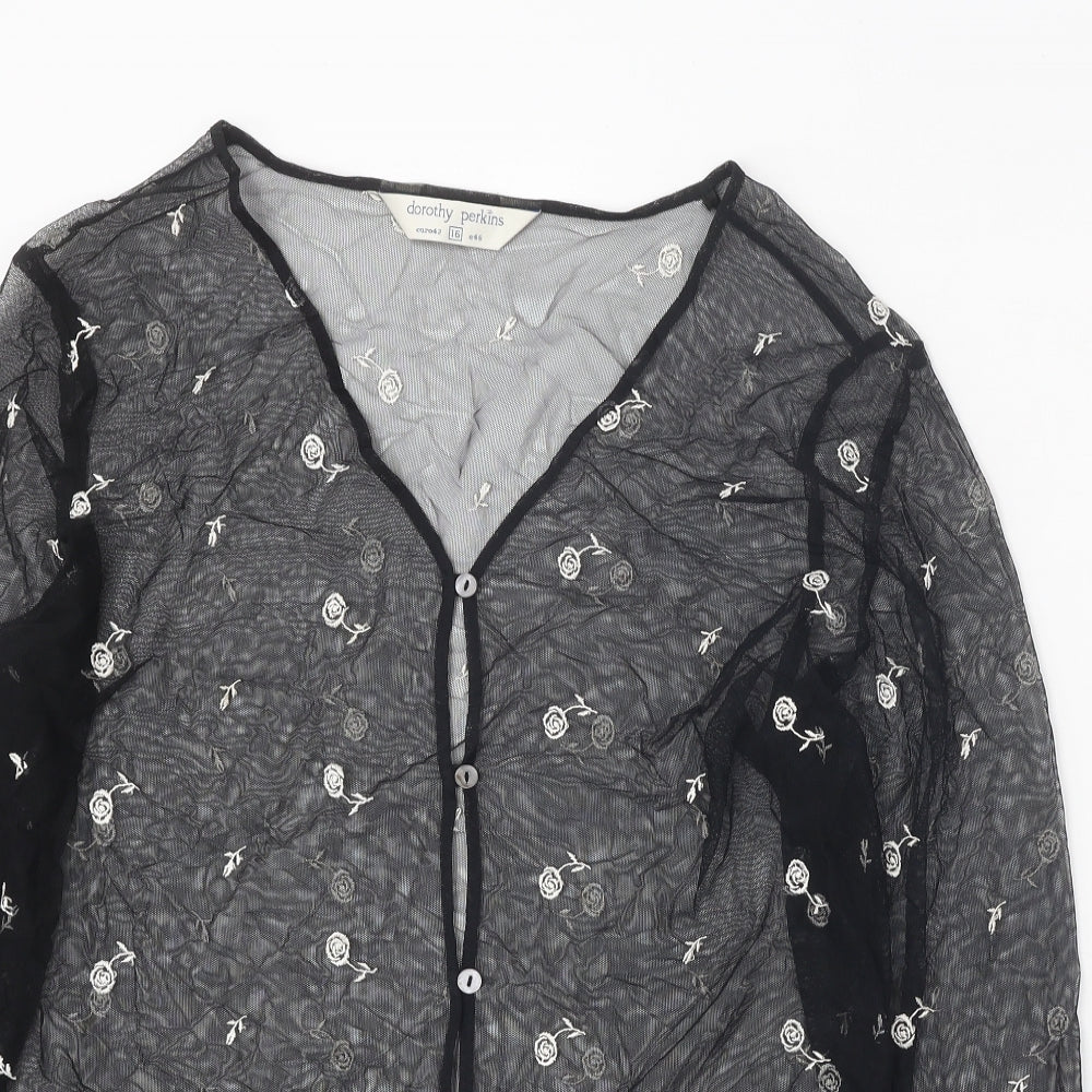 Dorothy Perkins Womens Black Floral Polyester Basic Blouse Size 16 V-Neck