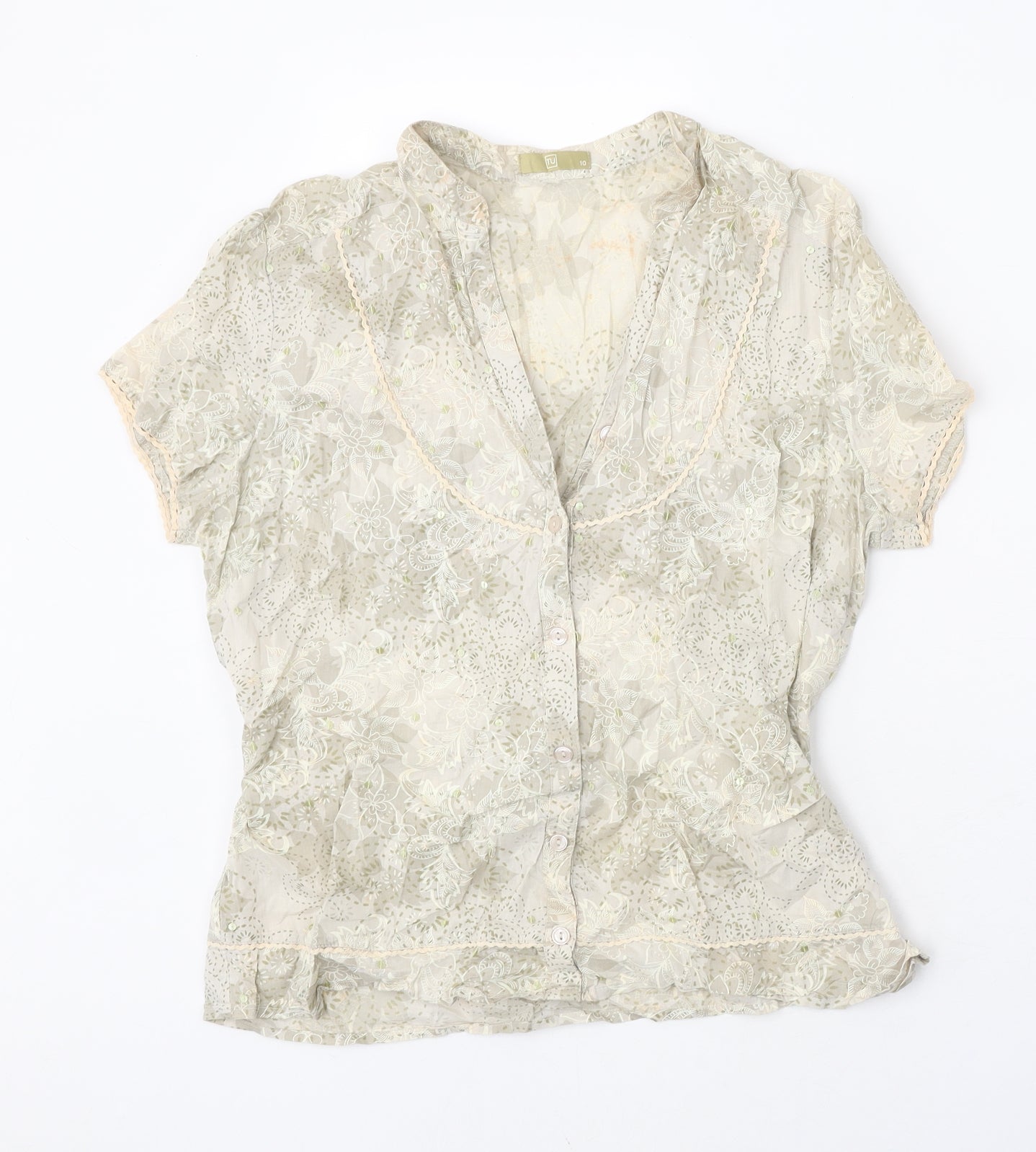TU Womens Beige Floral 100% Cotton Basic Blouse Size 10 V-Neck