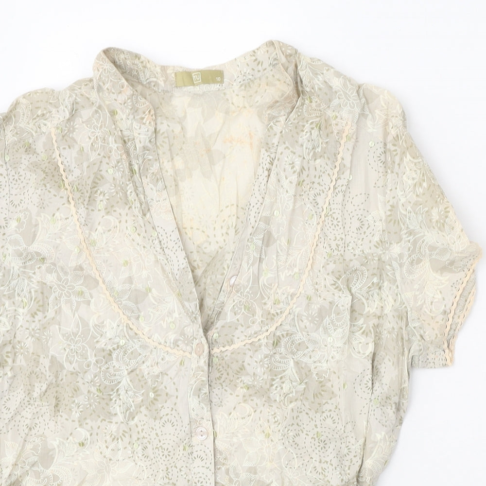 TU Womens Beige Floral 100% Cotton Basic Blouse Size 10 V-Neck