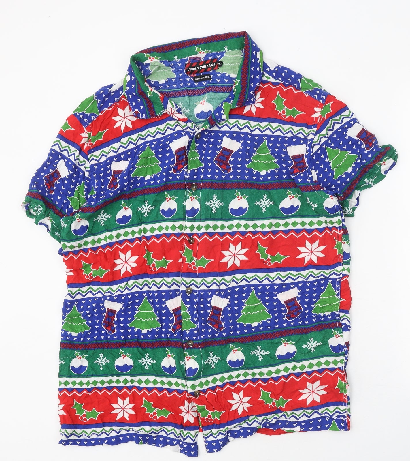 Urban Threads Mens Multicoloured Geometric Viscose Button-Up Size XL Collared Button - Christmas