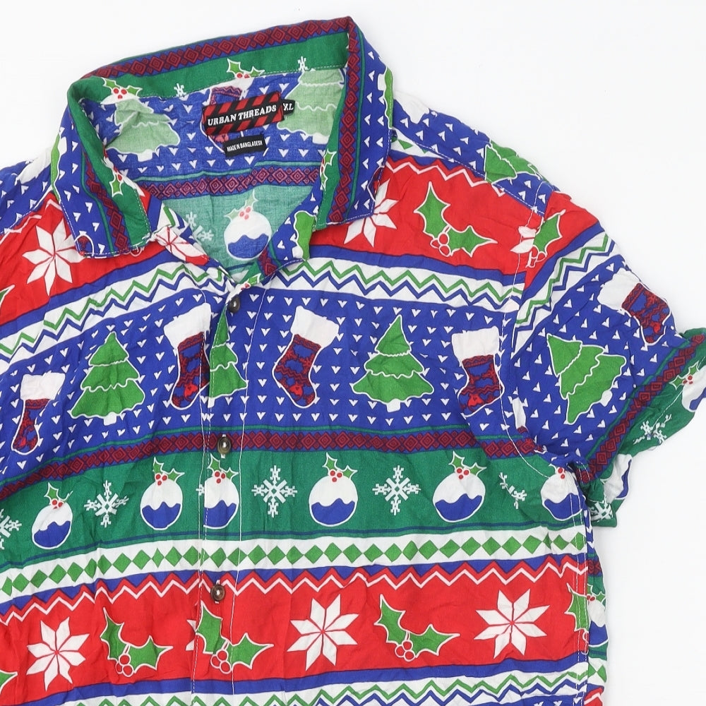 Urban Threads Mens Multicoloured Geometric Viscose Button-Up Size XL Collared Button - Christmas