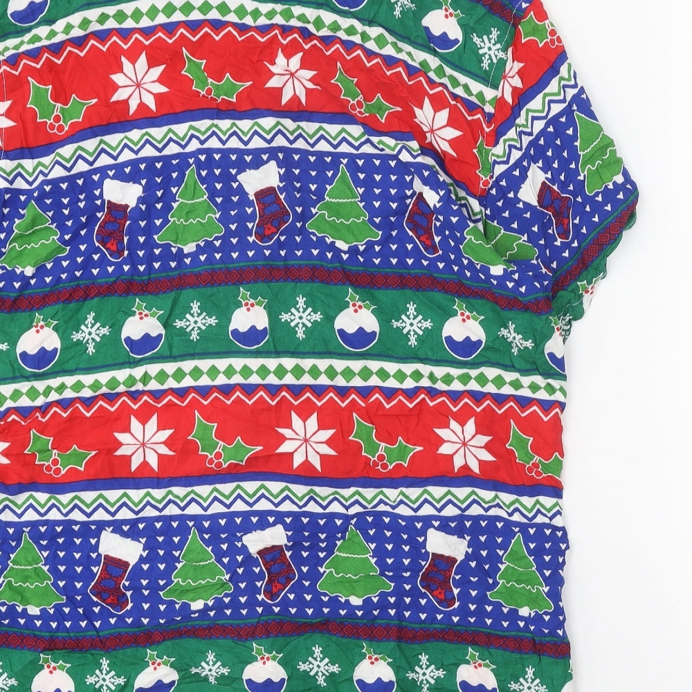 Urban Threads Mens Multicoloured Geometric Viscose Button-Up Size XL Collared Button - Christmas